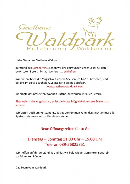 Gasthaus Waldpark - Coronaöffnungszeiten